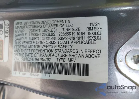 2024 Acura Rdx Standard from USA, damaged, VIN 5J8TC2H31RL015702